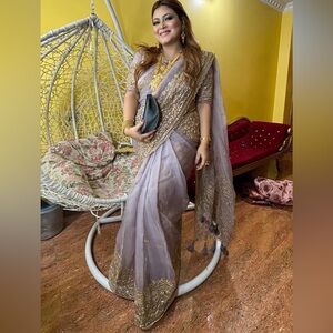 Lavender Maslin Saree Gold zari thread zardwzi work with ready blouse